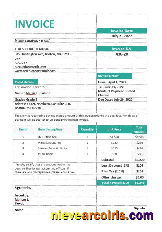 Music School Invoice